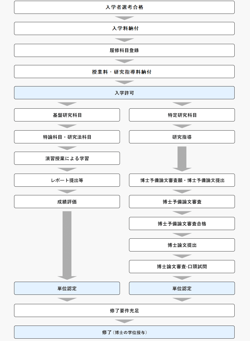 最終合格後、入学料を納付します。その後履修科目登録を行い、授業料・研究指導料を納付します。入金確認後、入学許可となります。入学後は、基盤研究科目と特定研究科目でそれぞれ単位認定を進めていきます。基盤研究科目は、特論科目・研究法科目を選択し、演習授業による学習を経てレポート提出等によって成績が評価され、単位認定となります。特定研究科目では、研究指導を受けて博士論文の作成を行います。博士予備論文審査願および博士予備論文を提出した後、博士予備論文審査を経て博士予備論文審査合格となったら、博士論文を提出します。博士論文審査および口頭試問を受け合格することで単位認定となります。すべての修了要件が充足しましたら修了となり、博士の学位が授与されます。