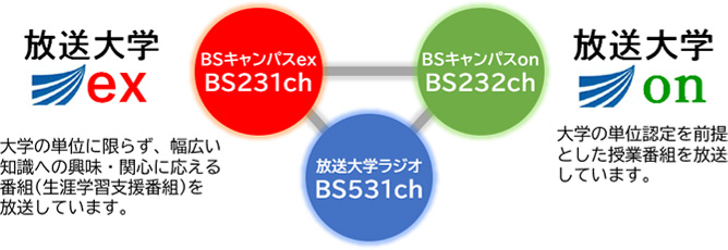 BS231chは大学の単位に限らず、幅広い知識への興味・関心に応える番組(生涯学習支援番組)を放送しており、BS232chは大学の単位認定を前提とした授業番組を放送しています。
