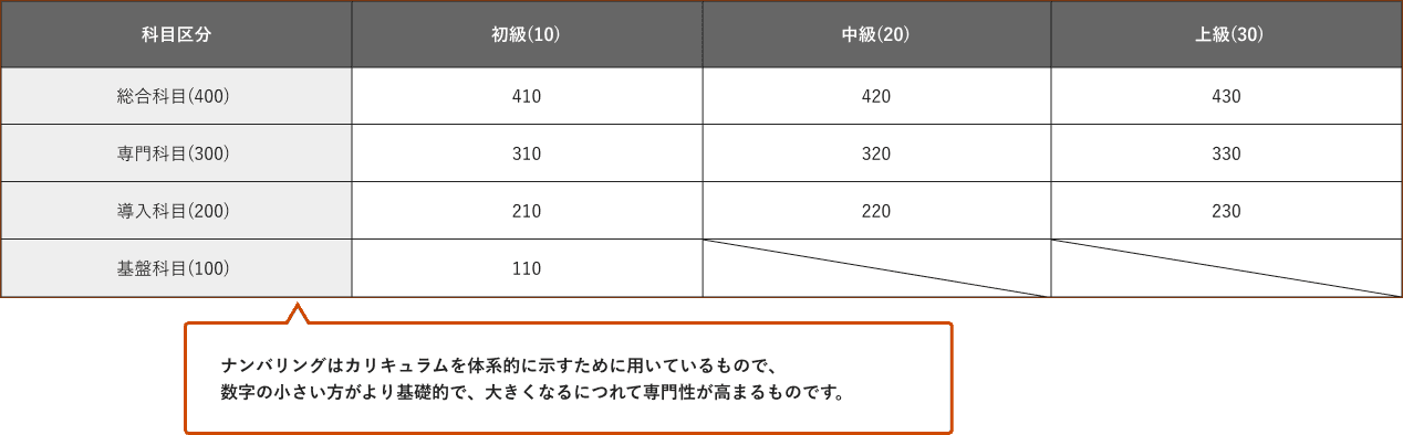 ナンバリングはカリキュラムを体系的に示すために用いているもので、数字の小さい方がより基礎的で、大きくなるにつれて専門性が高まるものです。